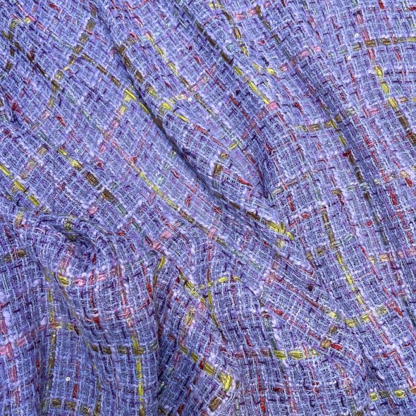 Твид яркий сиреневый, рыхлый, с цветными нитями и пайетками