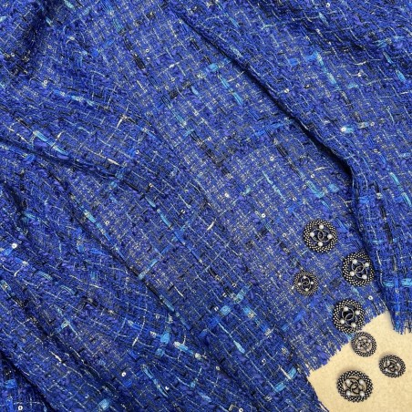 Твид яркий синий, рыхлый, с цветными нитями и пайетками