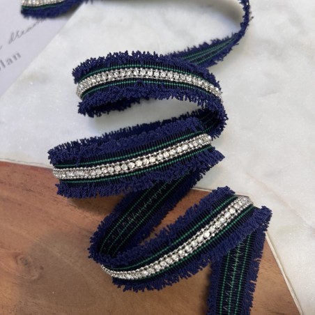 Тесьма репсовая васильково-синяя с цепочками и стразами, 20 мм