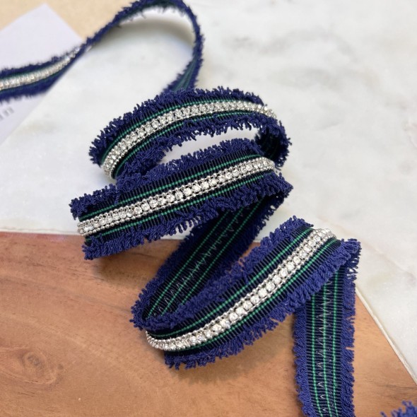 Тесьма репсовая васильково-синяя с цепочками и стразами, 20 мм