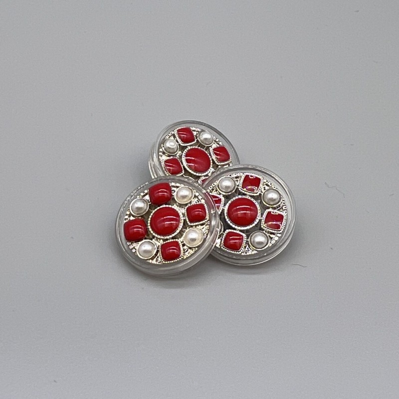 Пуговицы прозрачный пластик с жемчугом и красной эмалью
