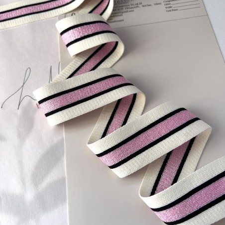 Лампасы трикотажные для шитья, молочные с розовой полоской, 3,5 см
