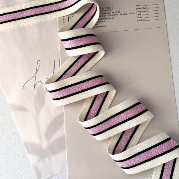 Лампасы трикотажные для шитья, молочные с розовой полоской, 3,5 см