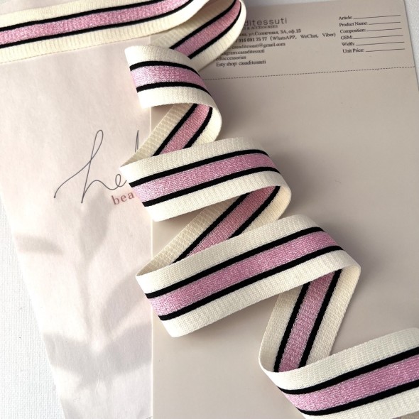 Лампасы трикотажные для шитья, молочные с розовой полоской, 3,5 см