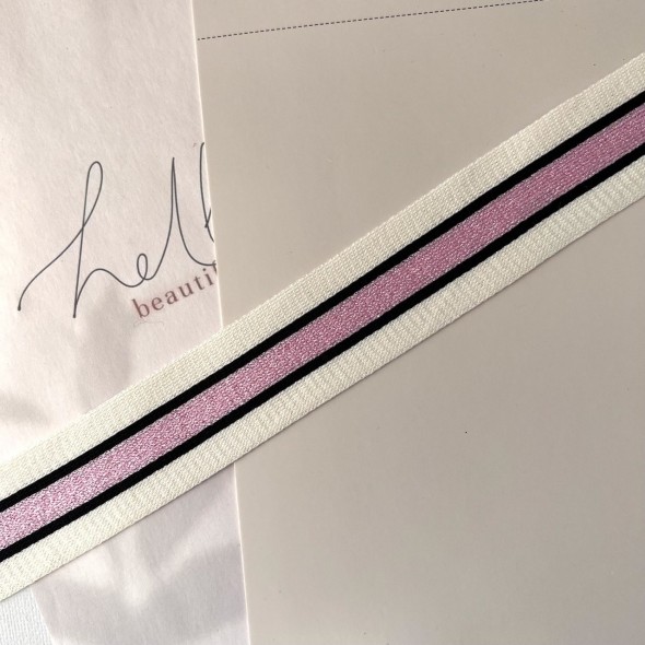 Лампасы трикотажные для шитья, молочные с розовой полоской, 3,5 см