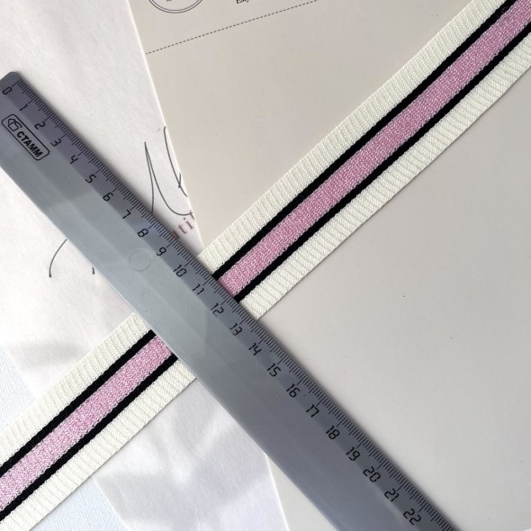 Лампасы трикотажные для шитья, молочные с розовой полоской, 3,5 см