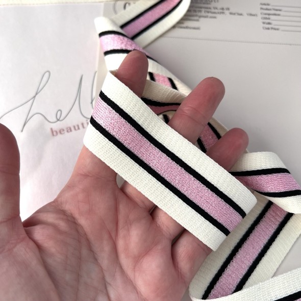 Лампасы трикотажные для шитья, молочные с розовой полоской, 3,5 см