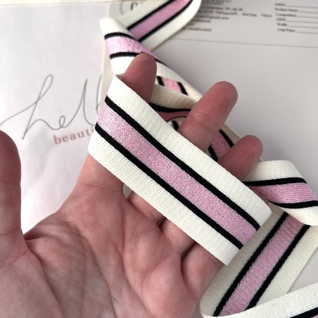 Лампасы трикотажные для шитья, молочные с розовой полоской, 3,5 см