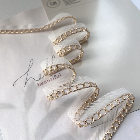 Тесьма кант из прозрачной сетки с легкой золотистой цепочкой