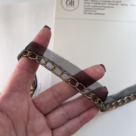 Тесьма кант из прозрачной сетки с легкой золотистой цепочкой