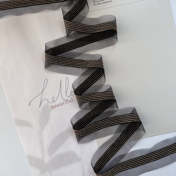 Тесьма из прозрачной сетки с легкими золотистыми цепочками шариками, 3,5 см