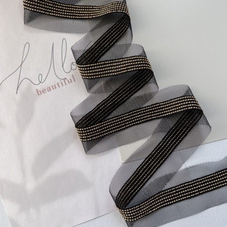 Тесьма из прозрачной сетки с легкими золотистыми цепочками шариками, 3,5 см