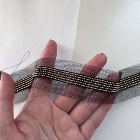 Тесьма из прозрачной сетки с легкими золотистыми цепочками шариками, 3,5 см