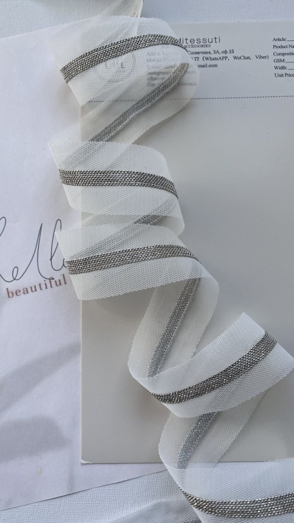 Тесьма на основе из органзы и сетки с легкими серебристыми цепочками шариками, 3,5 см