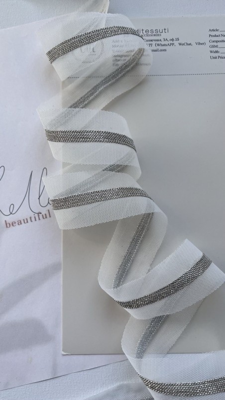 Тесьма на основе из органзы и сетки с легкими серебристыми цепочками шариками, 3,5 см