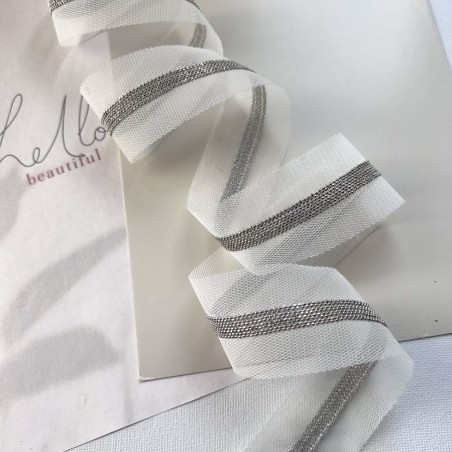 Тесьма на основе из органзы и сетки с легкими серебристыми цепочками шариками, 3,5 см