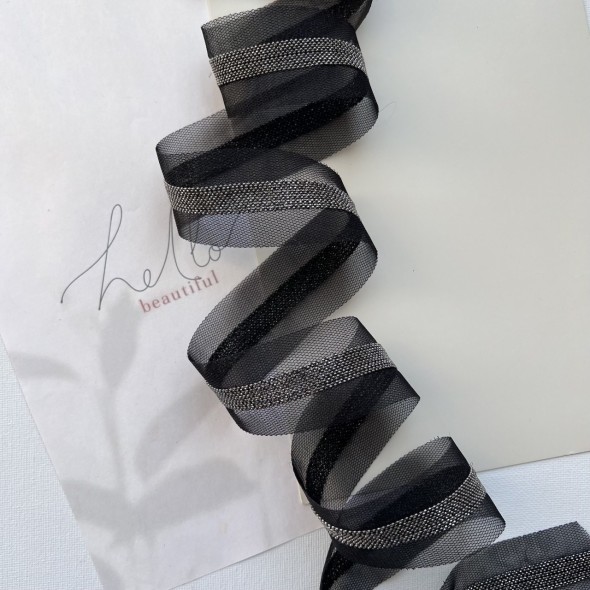 Тесьма на основе из органзы и сетки с легкими серебристыми цепочками шариками, 3,5 см