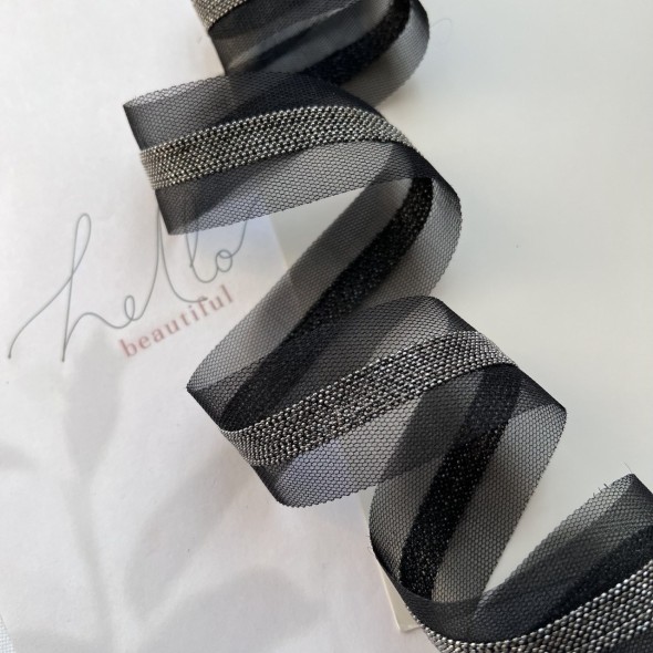 Тесьма на основе из органзы и сетки с легкими серебристыми цепочками шариками, 3,5 см