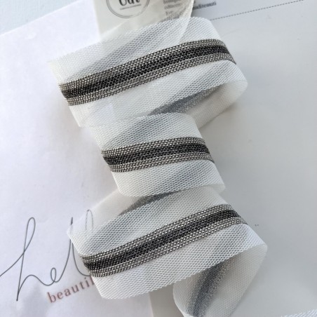 Тесьма на основе из органзы и сетки с легкими серебристыми цепочками шариками двух оттенков, 3,5 см