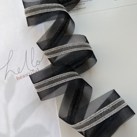 Тесьма на основе из органзы и сетки с легкими серебристыми цепочками шариками двух оттенков, 3,5 см