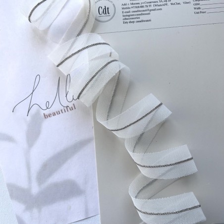 Тесьма на основе из органзы и сетки с легкими серебристыми цепочками шариками, 2,5 см