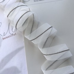 Тесьма на основе из органзы и сетки с легкими серебристыми цепочками шариками, 2,5 см