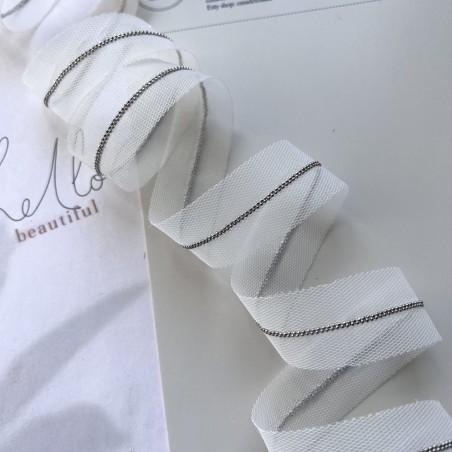 Тесьма на основе из органзы и сетки с легкими серебристыми цепочками шариками, 2,5 см