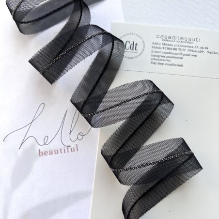 Тесьма на основе из органзы и сетки с легкими серебристыми цепочками шариками, 2,5 см