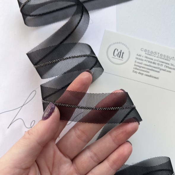 Тесьма на основе из органзы и сетки с легкими серебристыми цепочками шариками, 2,5 см