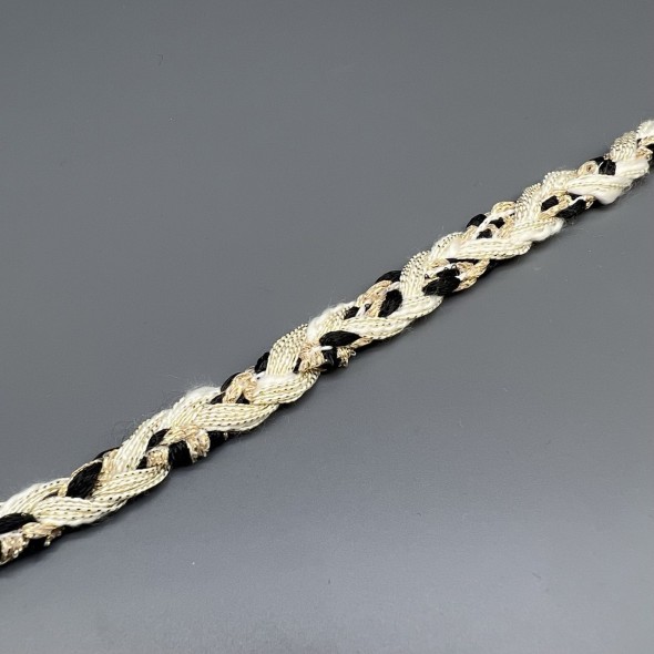 Тесьма плетеная молочная с черными и золотистыми нитями, 12 мм