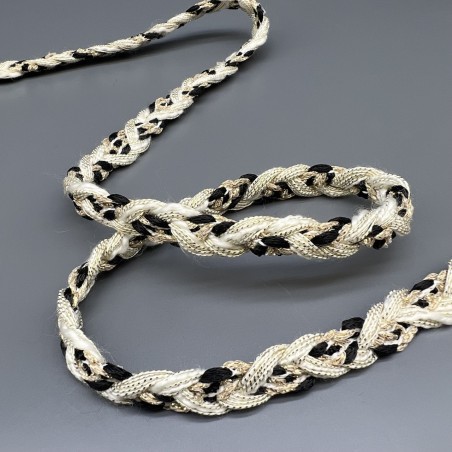 Тесьма плетеная молочная с черными и золотистыми нитями, 12 мм