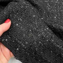 Твид однотонный черный с блестящей нитью в тон  и мелкими пайетками