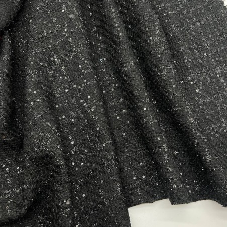 Твид однотонный черный с блестящей нитью в тон  и мелкими пайетками