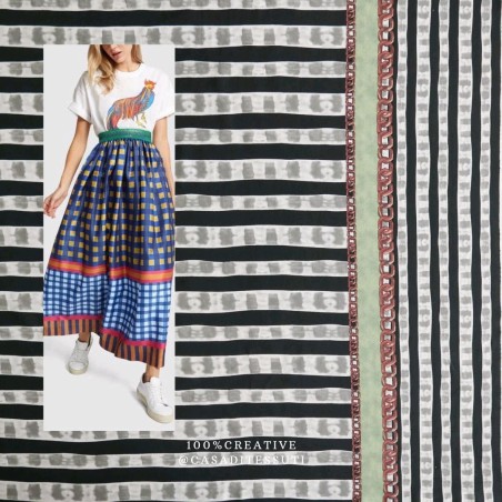 Вискоза с  принтом полоска и декоративными полосками вдоль кромки