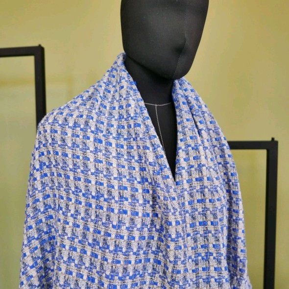 Твид меланжевый серо-молочный с синим