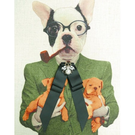 Брошь-бант из чёрной репсовой лентой с жемчужной мухой