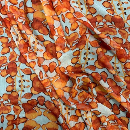 Ткань шифон жатый с ярким растительным принтом