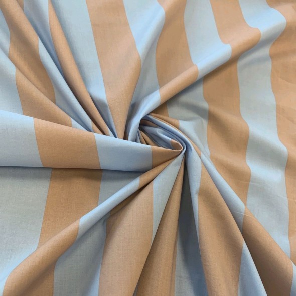 Ткань хлопок в широкую полоску в бежево-голубых тонах