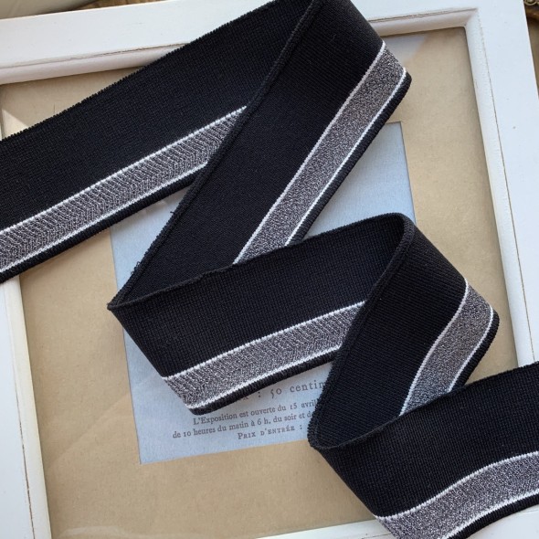 Трикотажные подвязы чёрного цвета с ажурной серебристой и белыми полосками