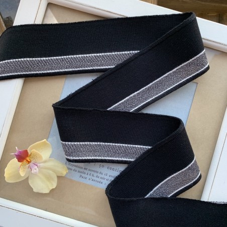 Трикотажные подвязы чёрного цвета с ажурной серебристой и белыми полосками