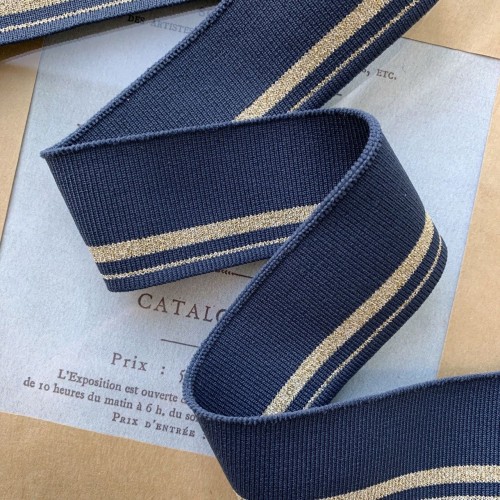 Довязы трикотажные джинсового цвета с золотистыми полосками 2