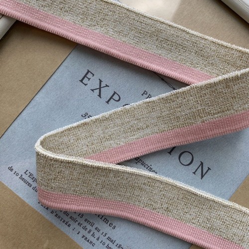 Довязы трикотажные светло-бежевые с люрексом и розовой полоской 2