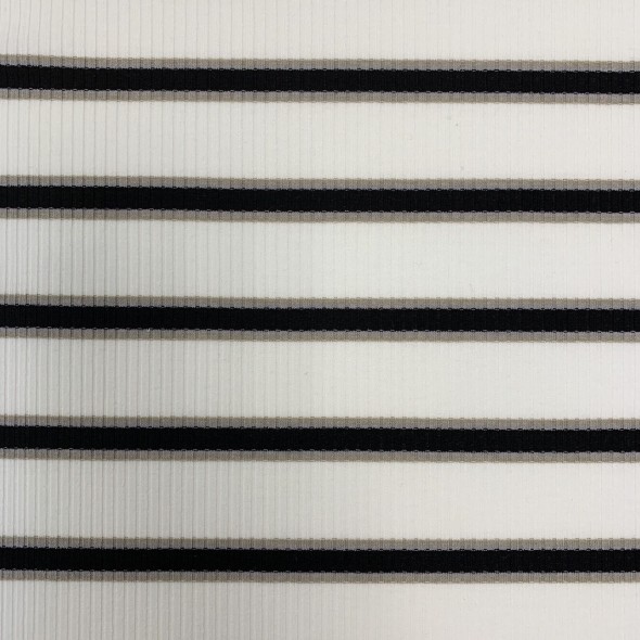 Трикотаж рибана молочный в поперечную полоску чёрного и бежевого цвета