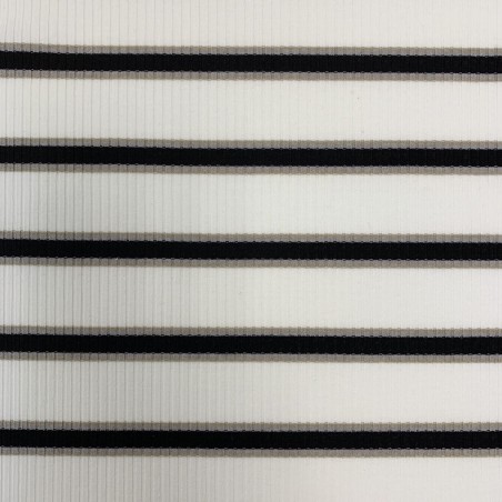 Трикотаж рибана молочный в поперечную полоску чёрного и бежевого цвета