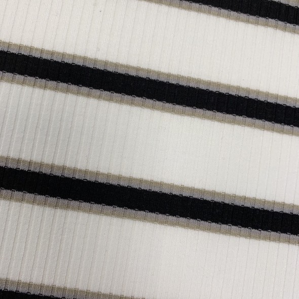 Трикотаж рибана молочный в поперечную полоску чёрного и бежевого цвета