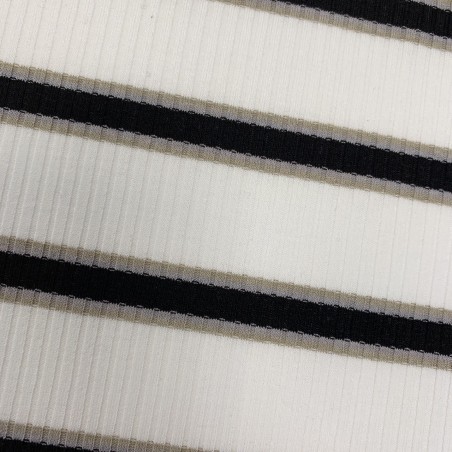 Трикотаж рибана молочный в поперечную полоску чёрного и бежевого цвета
