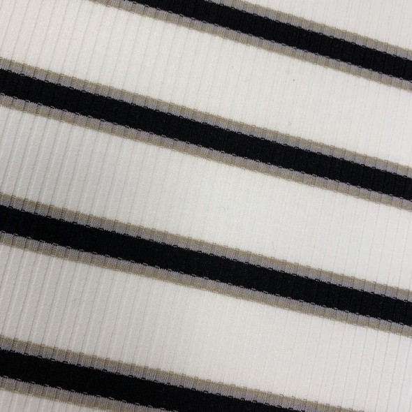 Трикотаж рибана молочный в поперечную полоску чёрного и бежевого цвета