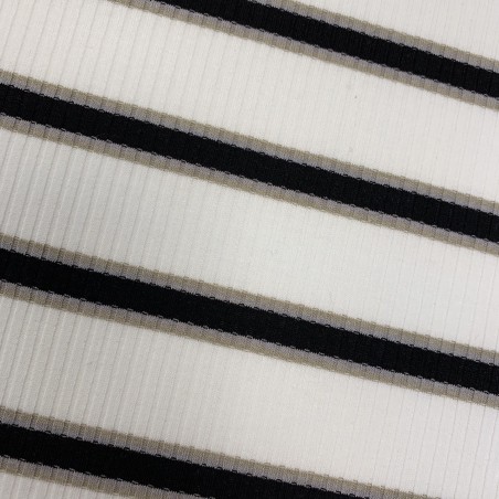 Трикотаж рибана молочный в поперечную полоску чёрного и бежевого цвета