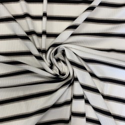 Трикотаж рибана молочный в поперечную полоску чёрного и бежевого цвета