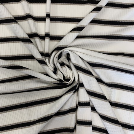 Трикотаж рибана молочный в поперечную полоску чёрного и бежевого цвета